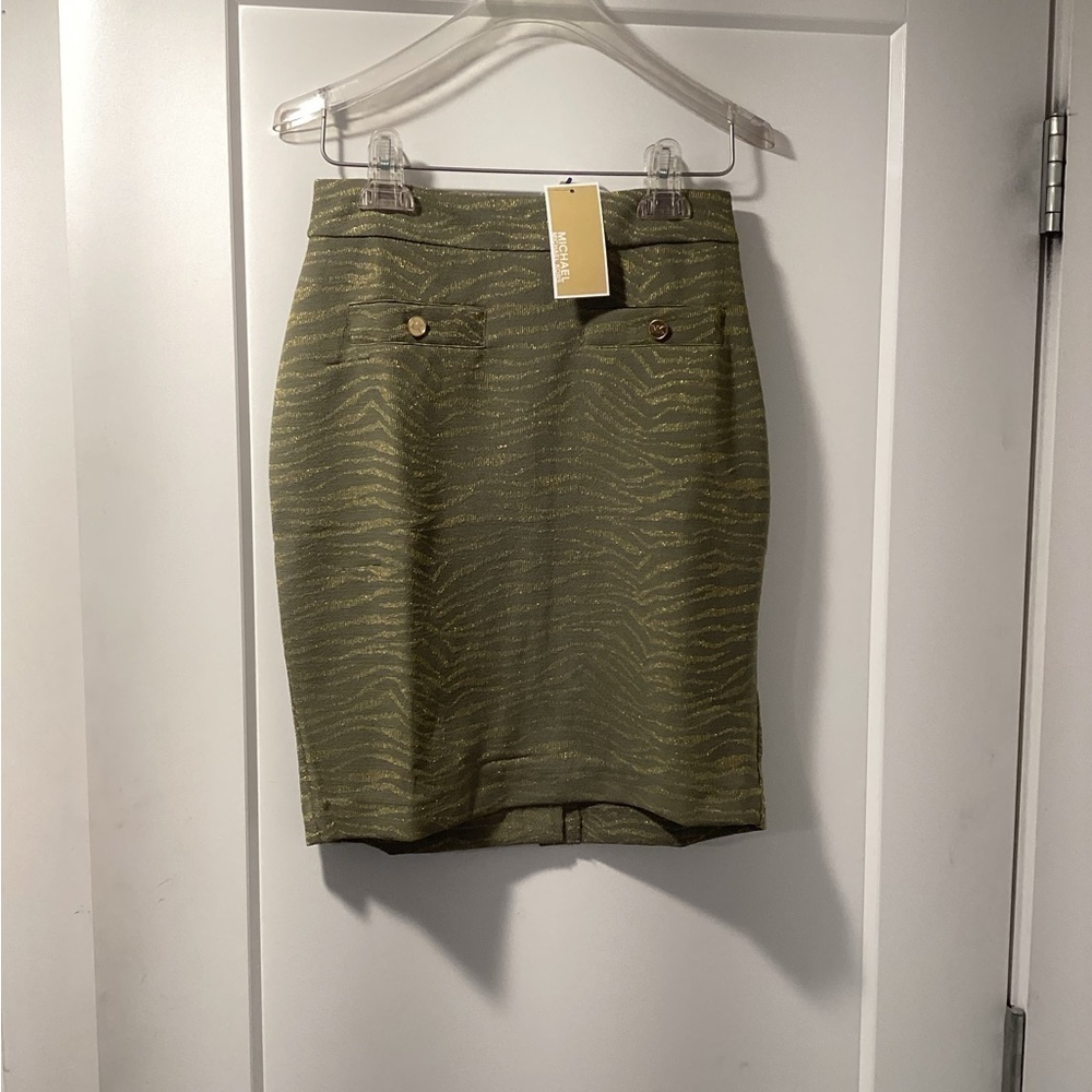 NWT Michael Michael Kors Zebra Print‎ Pencil Skirt Army Green Metallic XS